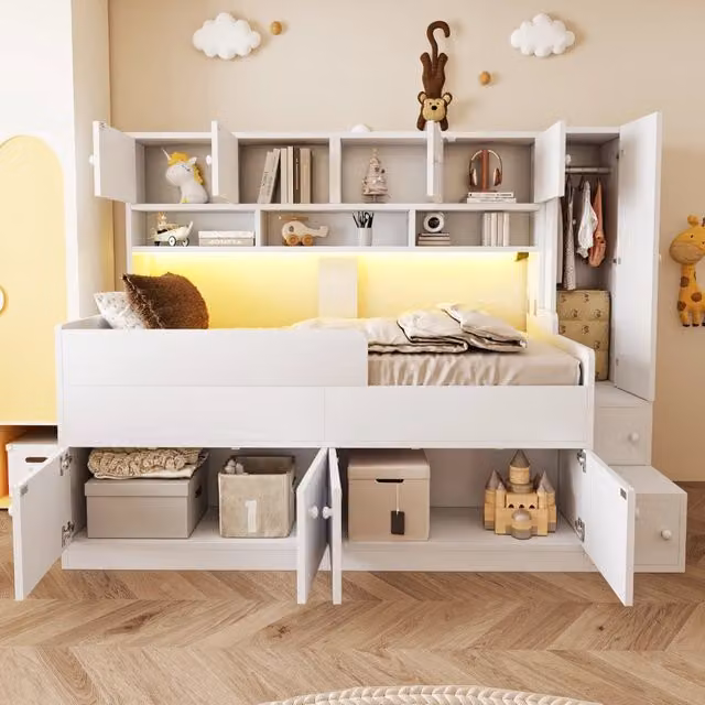 Letto a cabina bambino 90×200 cm con armadio, ripiani, scala contenitore e LED, senza materasso, legno, bianco