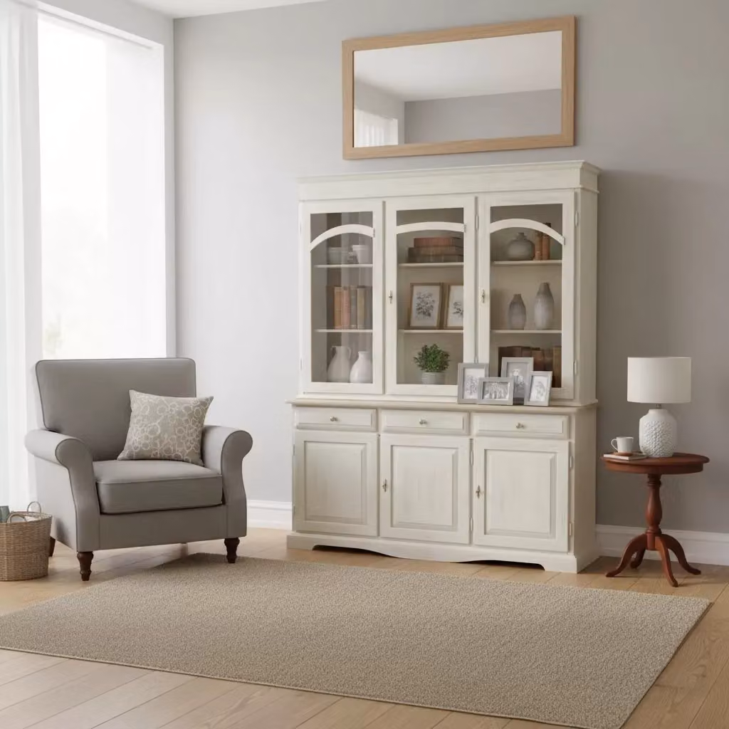 Cristalliera Shabby Chic in Legno e Vetro con 3 Ante Mobili 2G Bianco e Beige L: 156 cm, P: 42 cm, H: 205 cm – 2