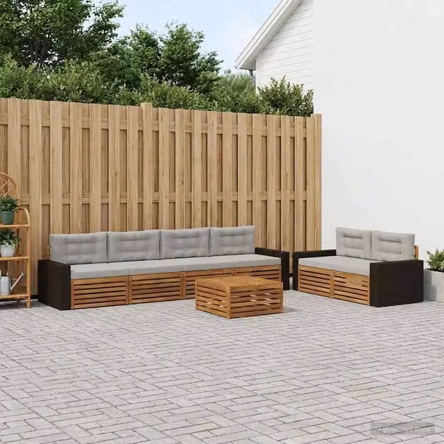 Set di divani da esterno vidaXL composto da 7 pezzi con tavolino, in legno di acacia e tessuto beige e grigio