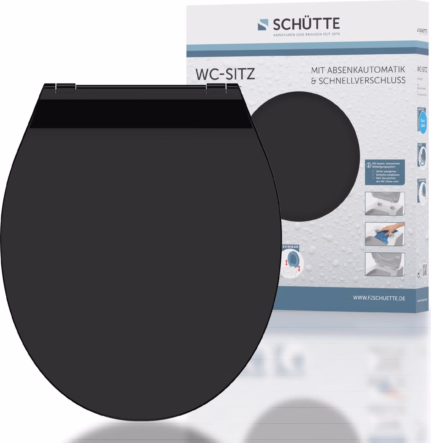 Sedile per WC SCHÜTTE Duroplast SLIM con chiusura morbida nera, copriwater nero dal design piatto e chiusura rapida