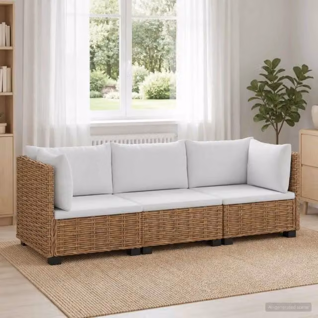 Set Lounge da Giardino a Forma di L vidaXL in Polyrattan con Cuscini Beige e Bianchi – 1