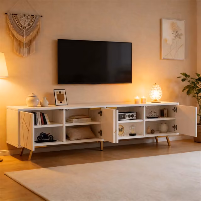 Mobile TV per soggiorno con 4 ante; piano sollevabile e 5 gambe in metallo bianco e oro 190 × 40 × 51.5 cm