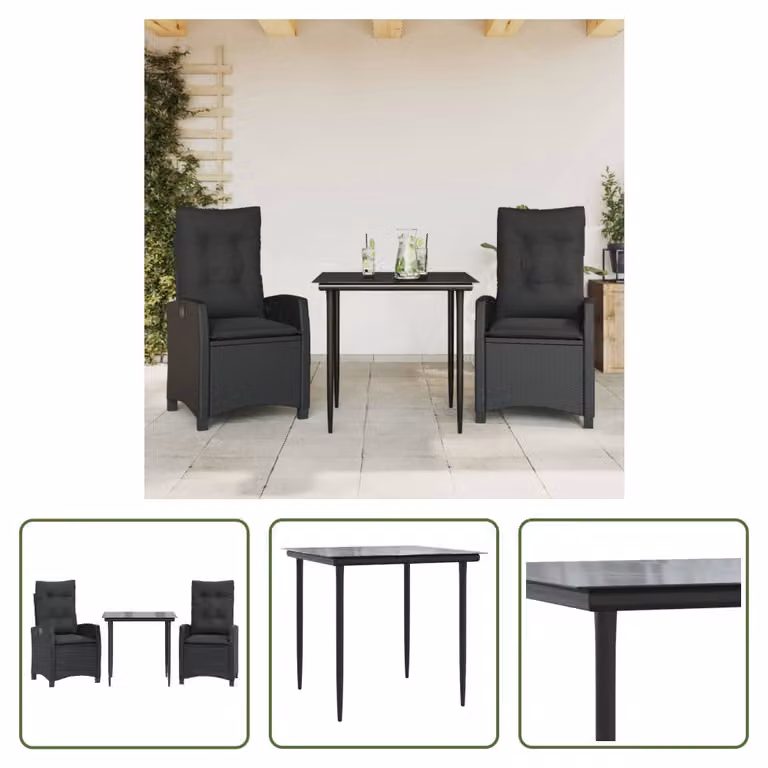 The Living Store Set da pranzo da giardino in 3 pezzi con cuscini in poly rattan nero