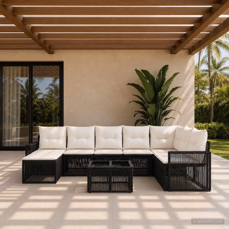 Maison Exclusive - Set da giardino composto da 9 pezzi. Divano e poltrone in rattan sintetico, colore nero e crema