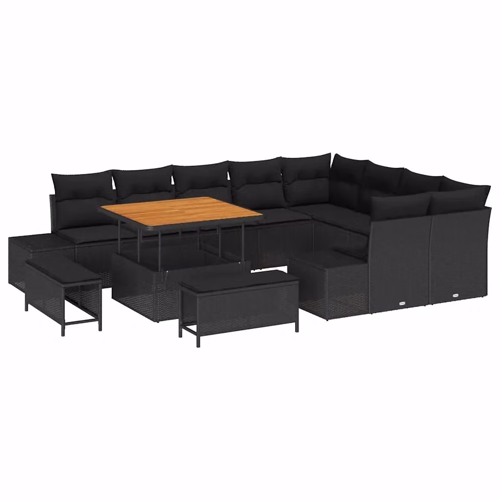 Set Divano da Giardino Moderno vidaXL a Forma a U con 12 Pezzi, Nero, con Cuscini e Tavolino da Caffè in Acciaio Verniciato a Polvere e Legno di Acacia – 2