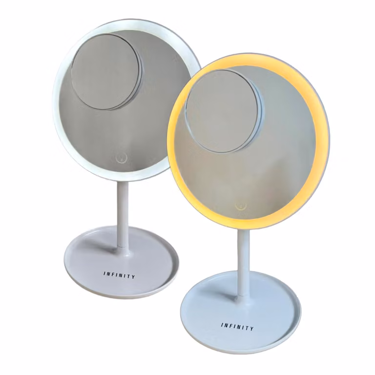 Specchio cosmetico a batteria (2 pezzi) ⌀ 17,4 cm con illuminazione a 70 LED, 3 tonalità di luce, ingrandimento 5x, specchio da trucco illuminato