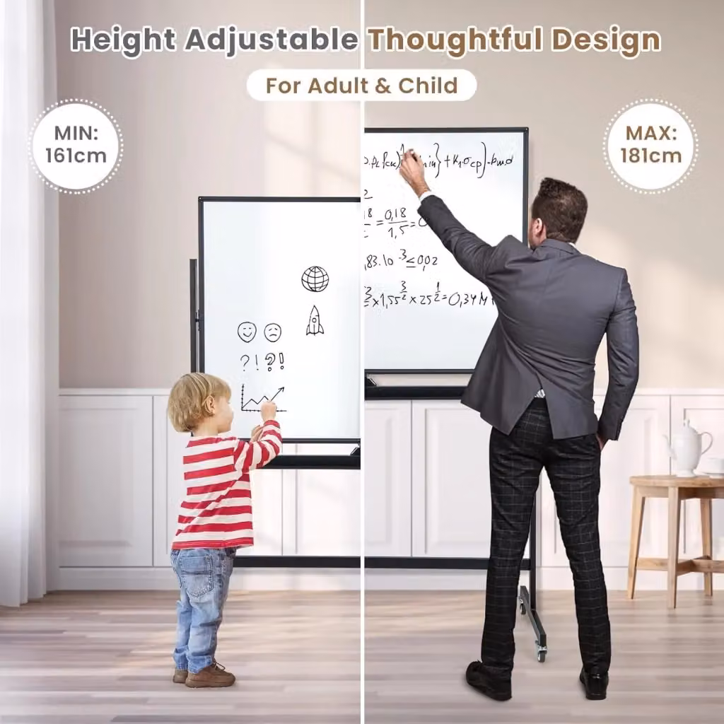 Lavagna Bianca Mobile Costway con Ruote e Bordo Magnetico, Lavagna a Doppio Lato Cancellabile a Secco con Griglia, Regolabile in Altezza, L: 120 cm, H: 181 cm, P: 49 cm, Colore Nero e Bianco – 2
