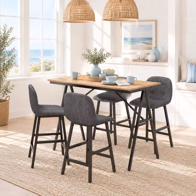 Set da pranzo 5 pezzi con tavolo e 4 sgabelli, imbottitura spessa, rivestimento effetto lino grigio scuro