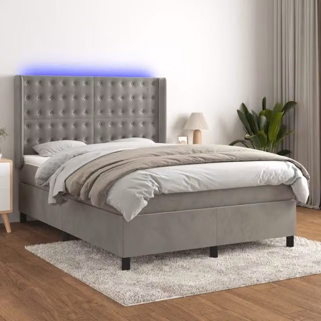Letto matrimoniale con materasso ibrido vidaXL in velluto grigio chiaro con illuminazione LED e porta USB, L/P/H: 190 x 140 x 147 cm – 1