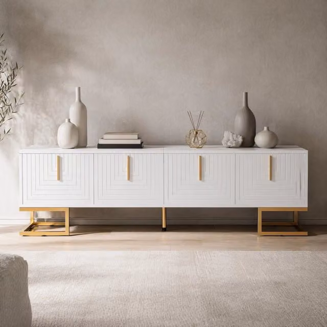 Mobile TV ULEVR 170x40x45,5 cm con 4 ante, ripiani interni e piedini regolabili dorati, bianco