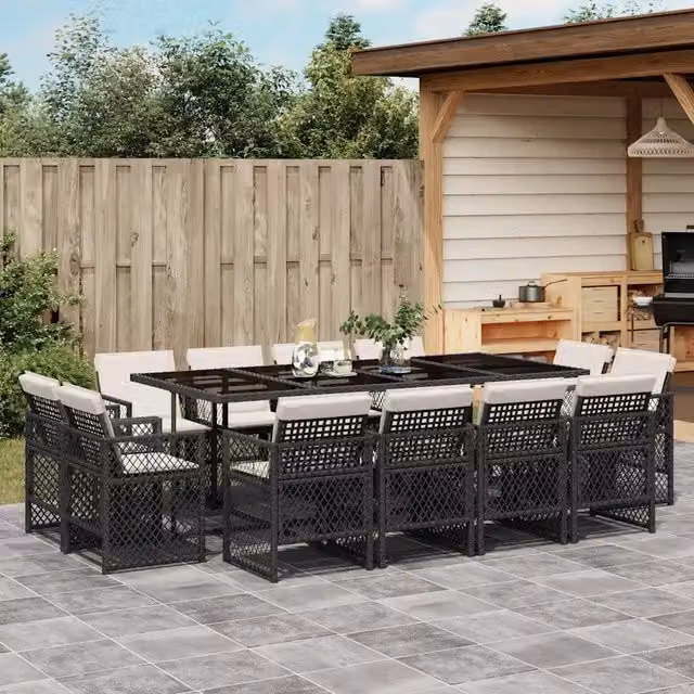 Set da Pranzo da Giardino 13pz con Cuscini Nero in Polyrattan 3210858