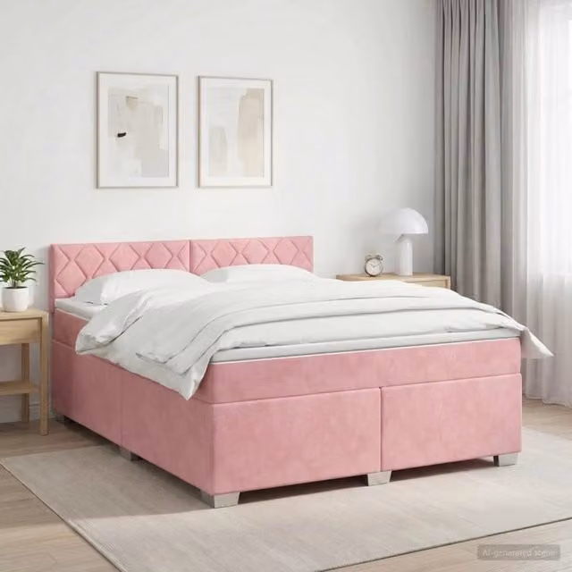 Letto box spring con materasso vidaXL in velluto rosa e bianco con base a sollevamento L/P/H: 160 x 200 x 46 cm