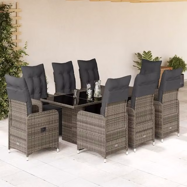 Set Bistrò da Giardino vidaXL in Polyrattan Grigio con Cuscini e Tavolo in Vetro, 9 Pezzi