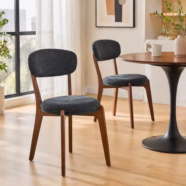 Desviae Set di 2 sedie da pranzo in tessuto di lino nere con struttura in metallo e seduta imbottita per cucina e sala da pranzo