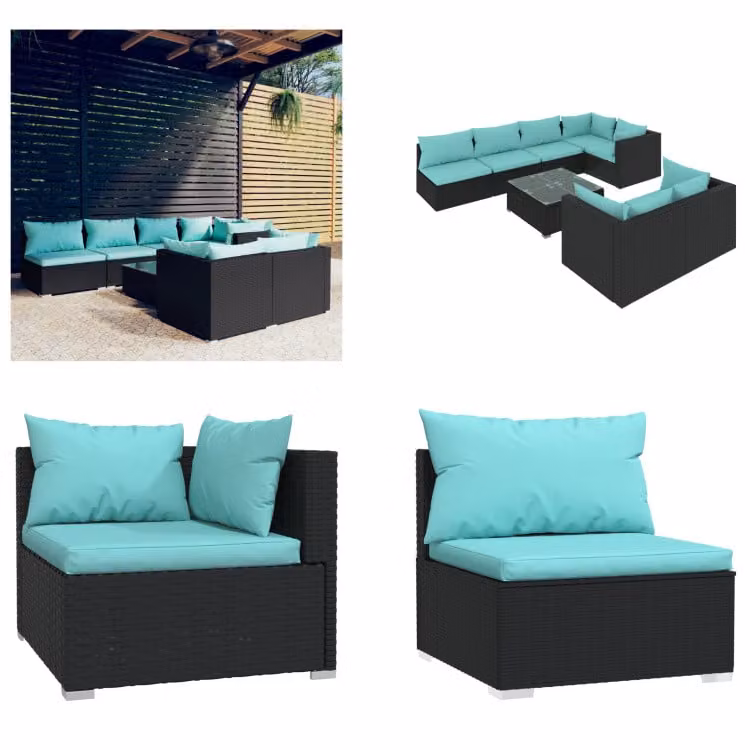 vidaXL Set salotto da giardino 8 pezzi con cuscini in polirattan nero - Set salotto da giardino - Set salotto da giardino - Set salotto da terrazza - Set divano da giardino