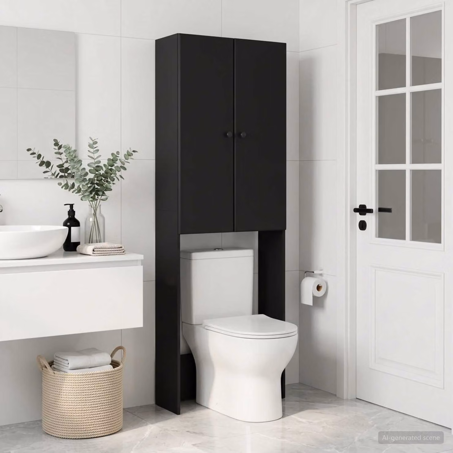 Mobiletto da bagno moderno vidaXL BREDA nero in legno ingegnerizzato e metallo L: 66 cm, P: 25,5 cm, H: 190 cm
