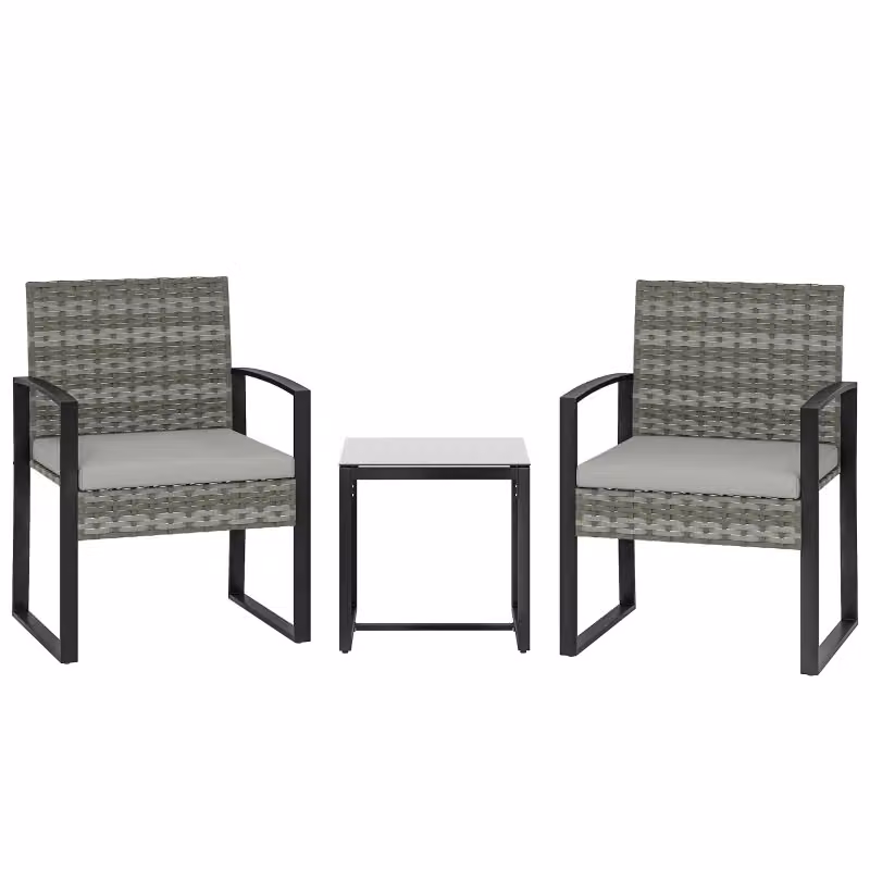 Set Bistrot da Giardino MINIMAL in Polyrattan composto da 2 Sedie e 1 Tavolino con Cuscini Grigio Chiaro – 2