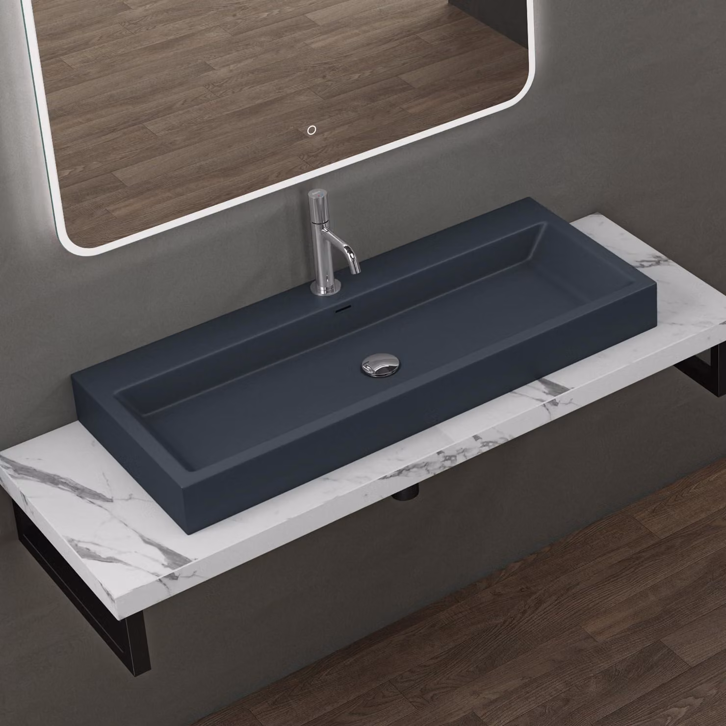 doporro Lavabo da Appoggio Rettangolare, Lavabo Bagno Sospeso con Foro Rubinetto e Troppopieno, Lavandino in Marmo Resina Antracite Opaco 100x42x10cm, Colossum06