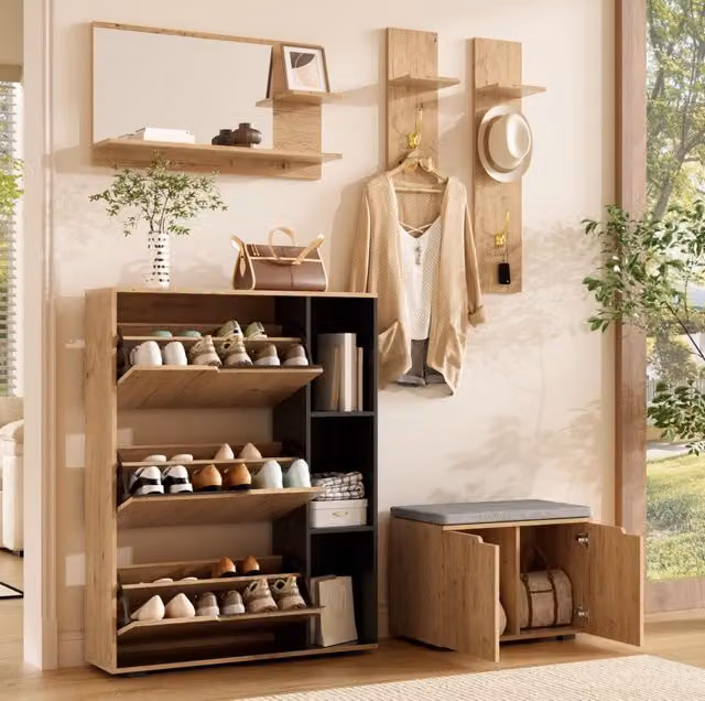 Set appendiabiti con specchio, panca con contenitore e scaffale porta scarpe 150x35x161,5 cm, finitura legno naturale e nero