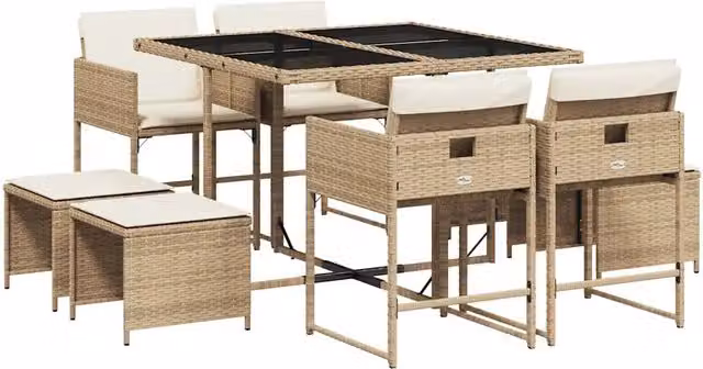 Set da Pranzo da Giardino 9 pz in Polyrattan con Tavolo in Vetro e Cuscini Beige – 1