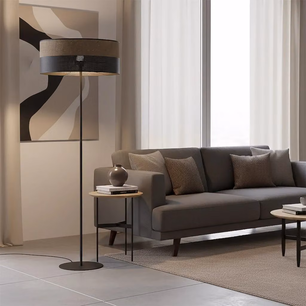Lampada da terra moderna KARBON Emibig in metallo e tessuto nero e marrone con attacco E27 – 2