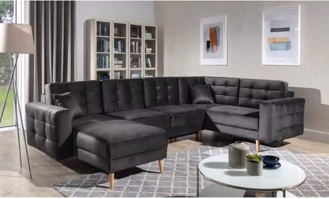 Divano angolare panoramico reversibile MEUBLORAMA in velluto grigio con funzione letto e contenitore L: 326 cm