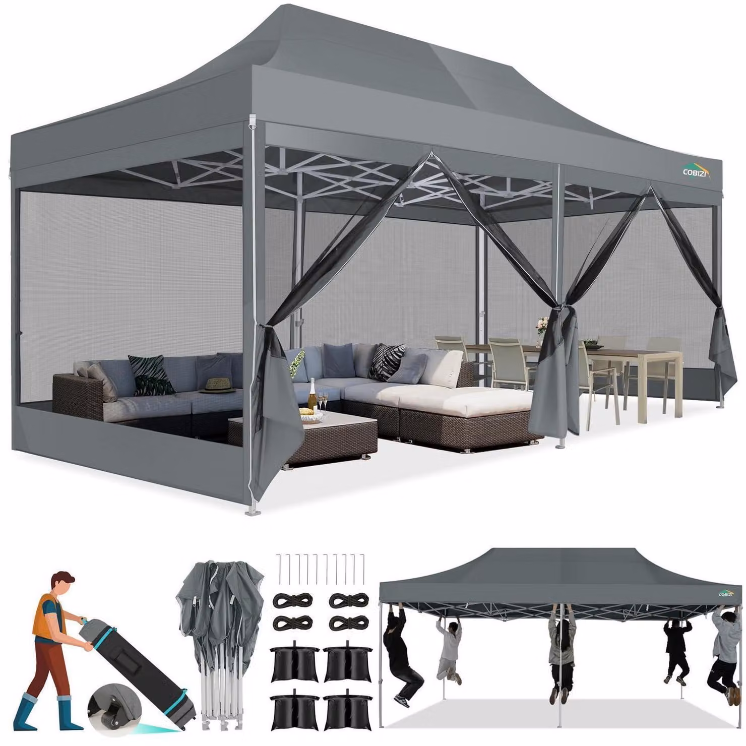 Gazebo da esterno 3x6 metri con zanzariera, impermeabile, protezione UV 50+, 6 pareti laterali, colore grigio