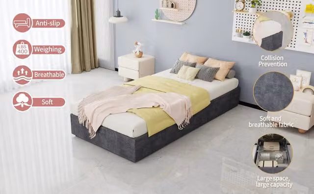 Letto a piattaforma 90×200 cm in velluto olandese grigio con sollevamento a gas, testiera e materasso non inclusi