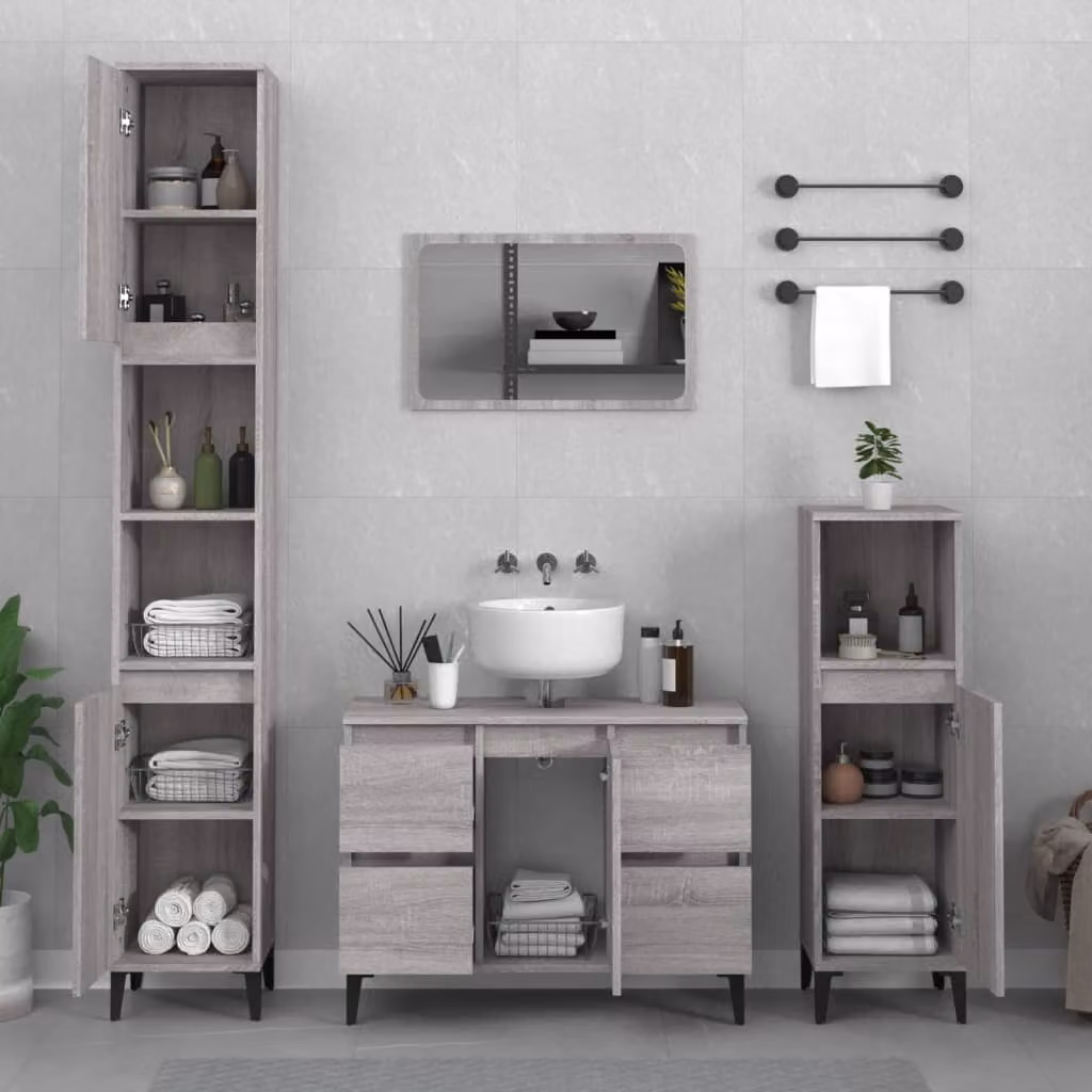 Set di mobili da bagno moderno vidaXL composto da 3 pezzi in legno e metallo, colore grigio, con mobile lavabo e armadietti portaoggetti