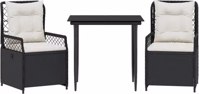 Set da Pranzo da Giardino 3 Pezzi in Polyrattan Nero con Piano in Vetro e Cuscini Bianchi