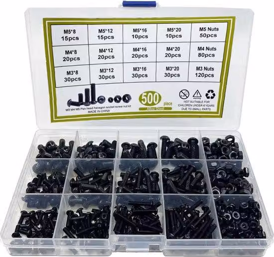 Set completo composto da 500 viti e dadi esagonali neri con contenitore per diverse applicazioni