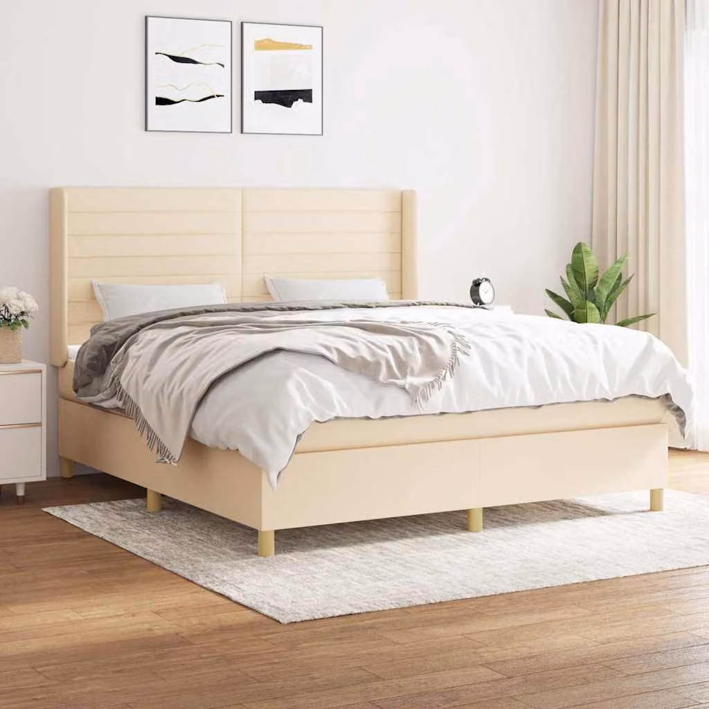 vidaXL Giroletto a Molle Ibrido con Materasso in Tessuto Beige e Bianco L/P/H: 180 x 200 x 128 cm