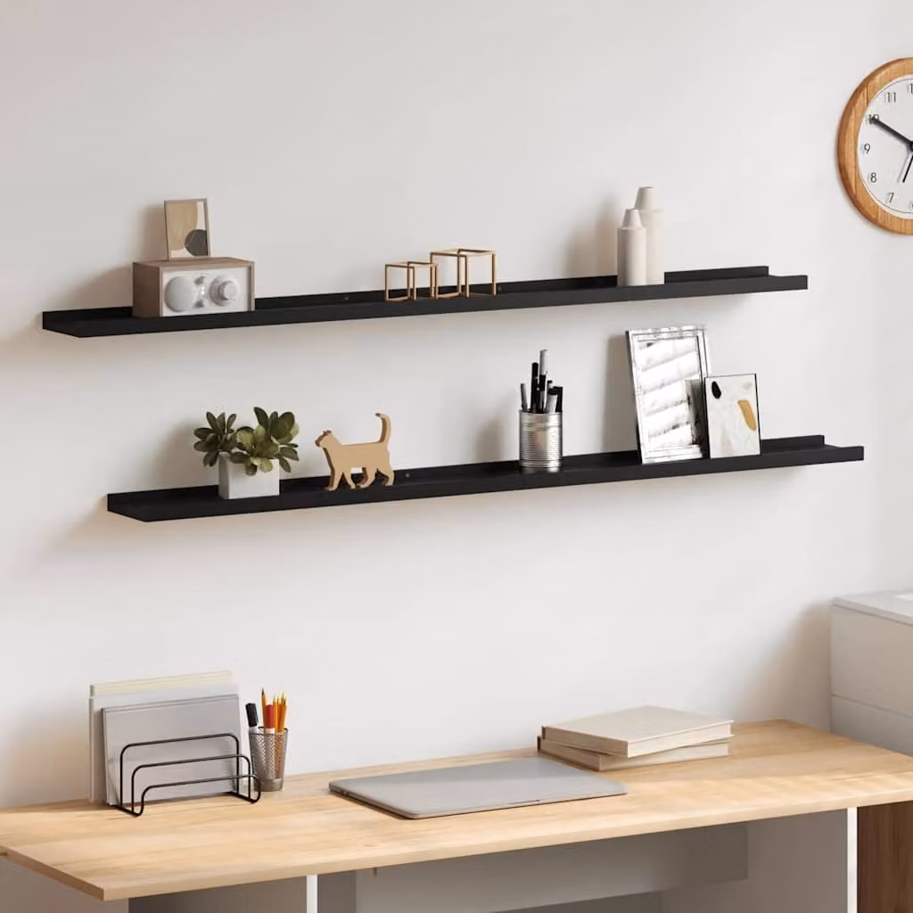 Set di 2 mensole da parete vidaXL nere in MDF, design minimalista e finitura opaca, L: 115 cm, P: 9 cm, H: 3 cm