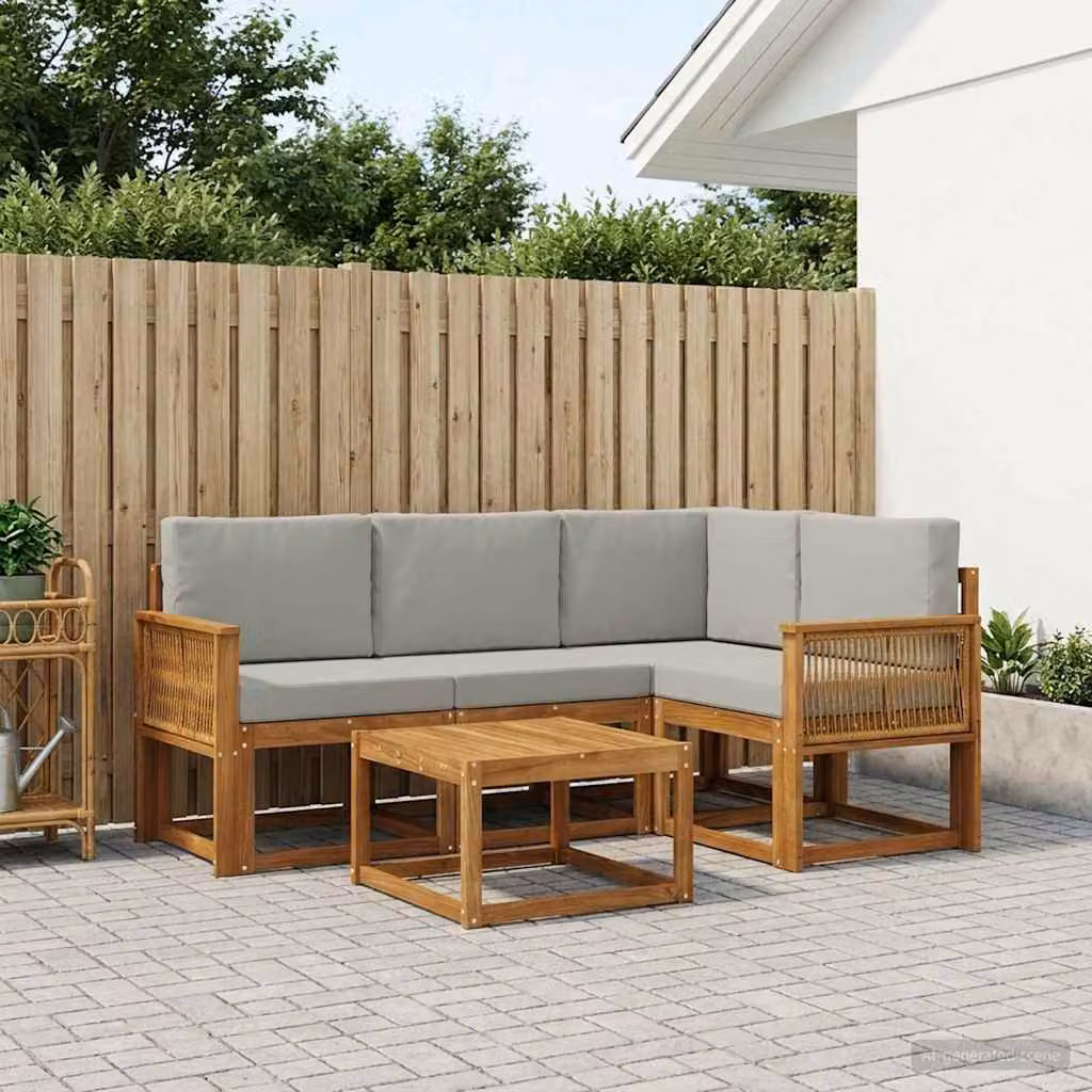 vidaXL Set di divani da esterno a forma di L con tavolino da caffè, in legno di acacia trattato, beige e grigio