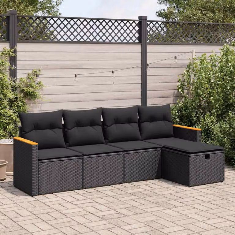 Set di divani da giardino vidaXL in 5 pezzi con cuscini in polyrattan nero e struttura in legno di acacia