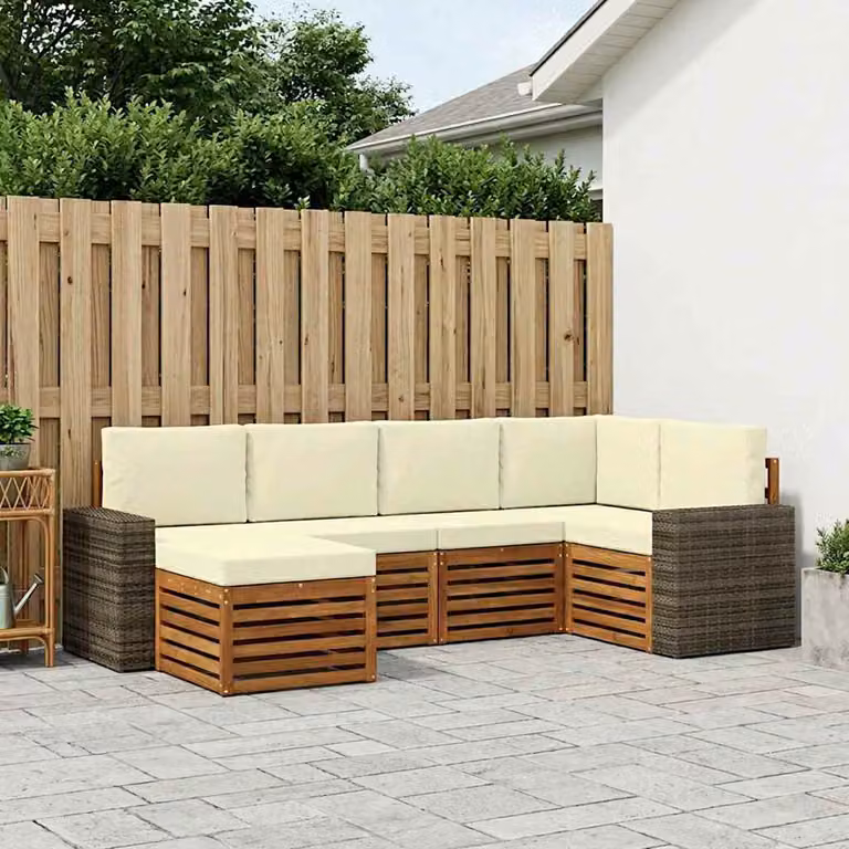 Set di divani da esterno vidaXL a forma di L composto da 6 pezzi in legno di acacia con cuscini beige e bianchi per giardino e terrazza