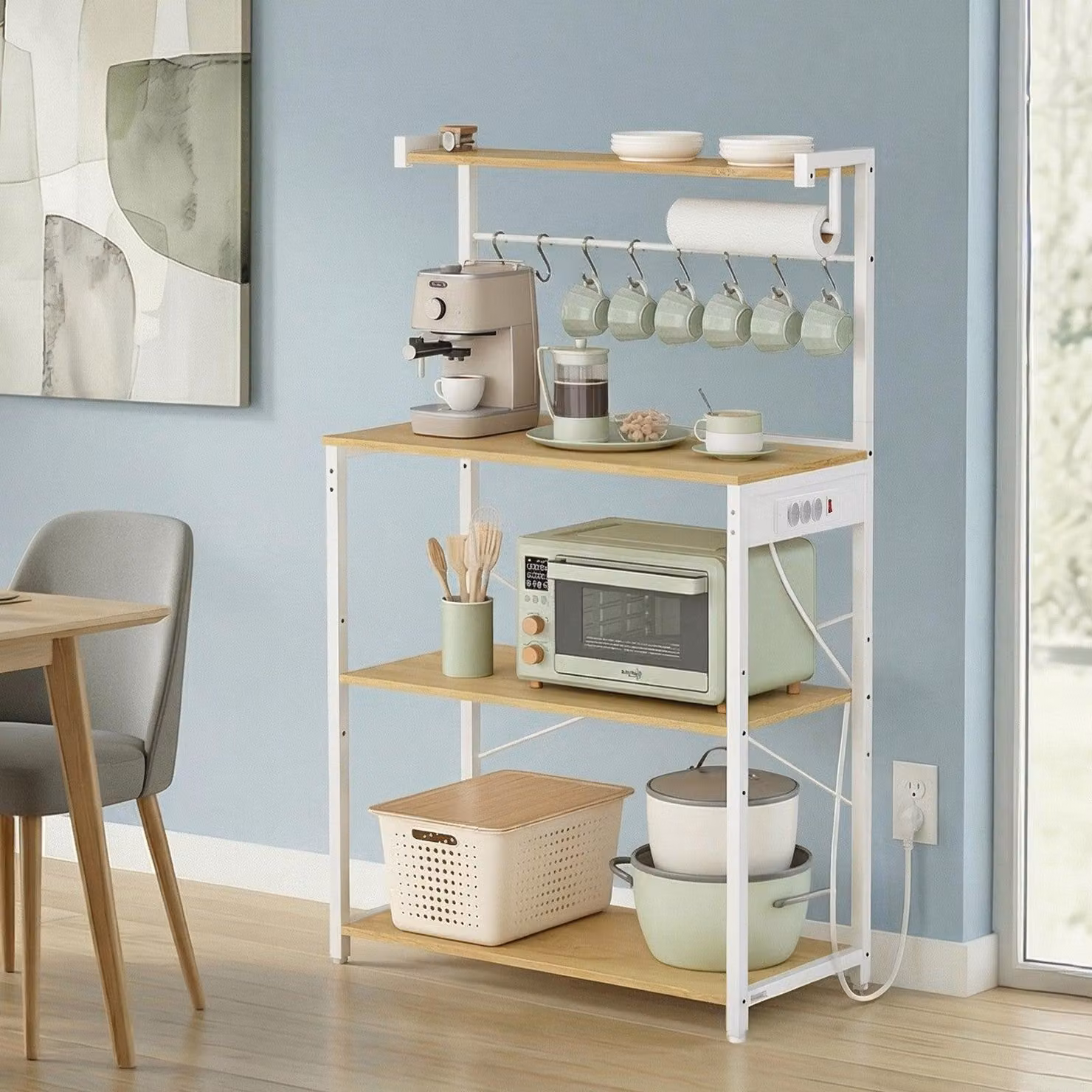 Ripiano portaoggetti per cucina con 4 livelli, base di ricarica e 8 ganci | Finitura "Quercia dorata" bianca | Dimensioni: 80x40x140 cm