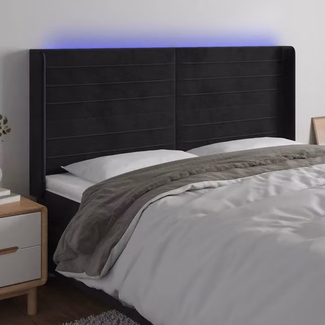 Testiera con LED e porte USB vidaXL in velluto nero, L: 203 cm, P: 16 cm, H: 118-128 cm – 1