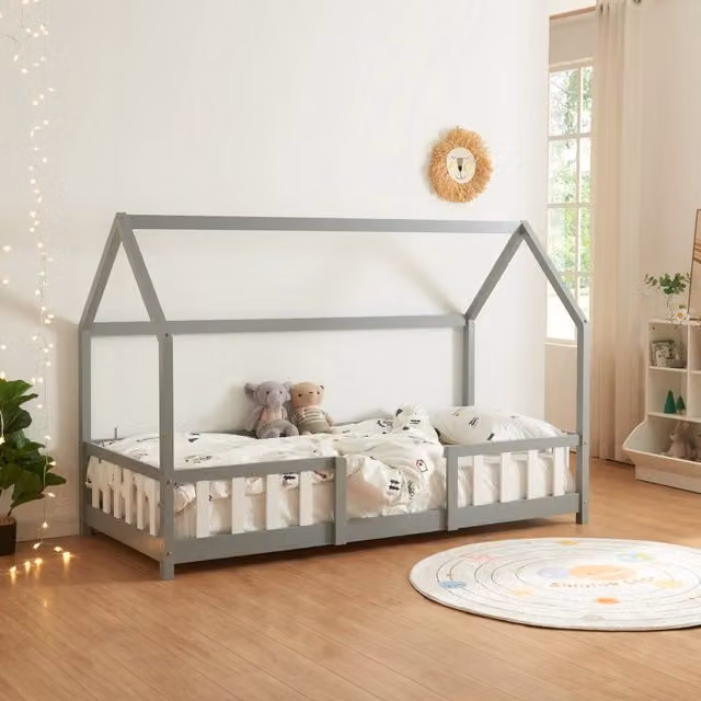 Letto per Cameretta Sisimiut a Forma di Casetta 90x200 cm Grigio chiaro / Bianco [en.casa]