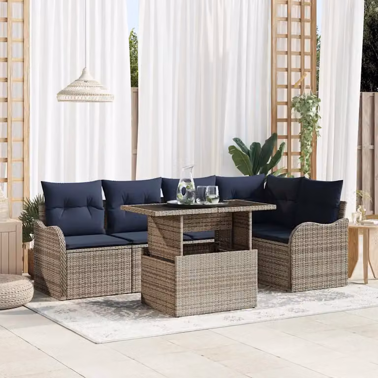 Set da pranzo moderno vidaXL in polyrattan e vetro con 6 sedie e cuscini blu, Grigio