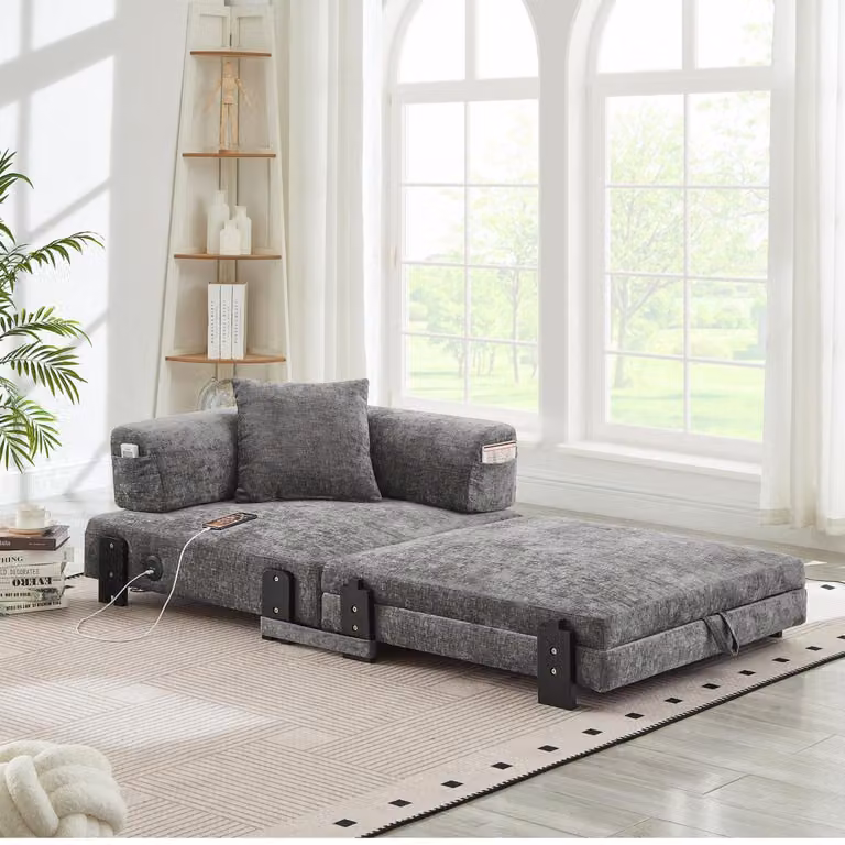 Divano letto 2 in 1, pieghevole con funzione letto, porta USB di tipo C, spazio contenitore, braccioli. Divano letto per piccoli spazi, camere per gli ospiti, stile loft. Colori: beige, grigio scuro
