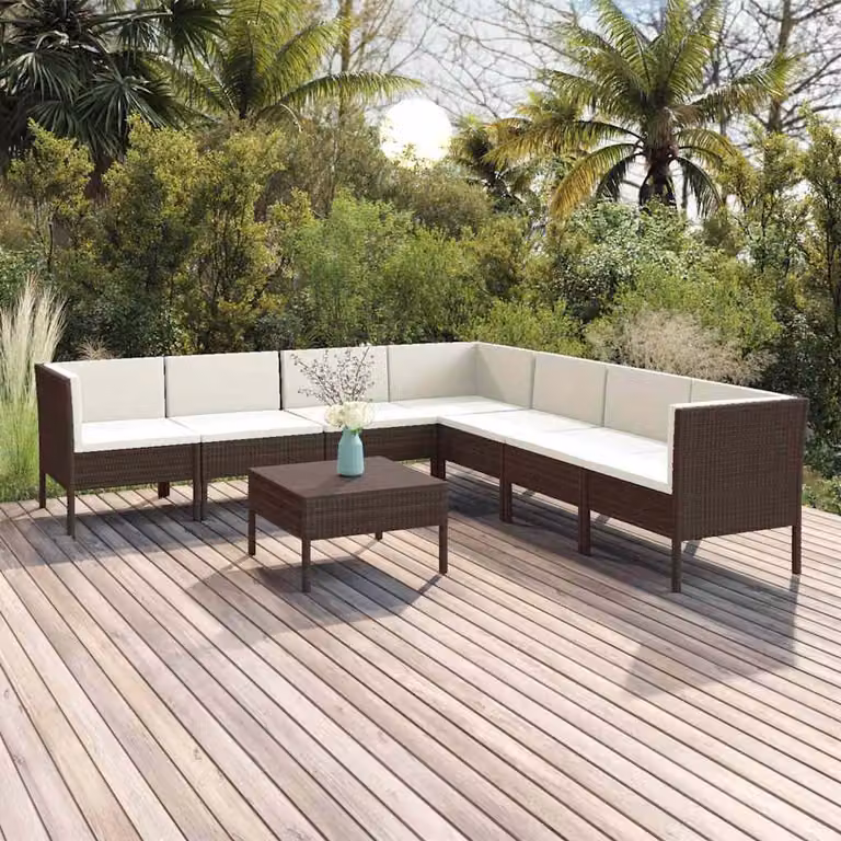 Set di divani da giardino vidaXL 8 pz in rattan marrone con cuscini bianchi e struttura in acciaio
