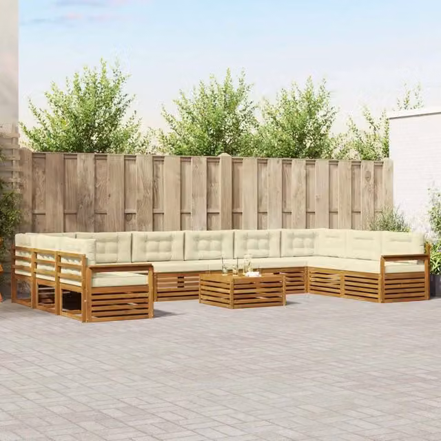 Set di divani da giardino vidaXL in legno di acacia massello con cuscini beige e bianchi, composizione a L con tavolino da esterno, 11 pezzi