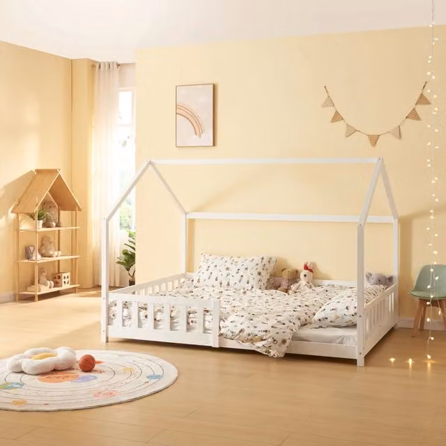 Letto Piazza e Mezza Hesel per Cameretta a Forma di Casetta 120 x 200 cm Bianco [en.casa]