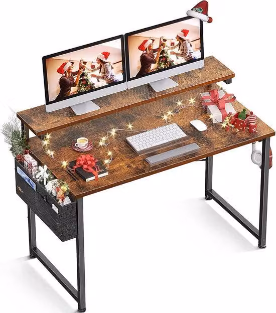 Uniqoos® Scrivania in plastica, 100 x 50 x 74 cm, marrone – Scrivania compatta per l'ufficio domestico con supporto monitor regolabile in altezza (3 posizioni), tasca portaoggetti e supporto per cuffie