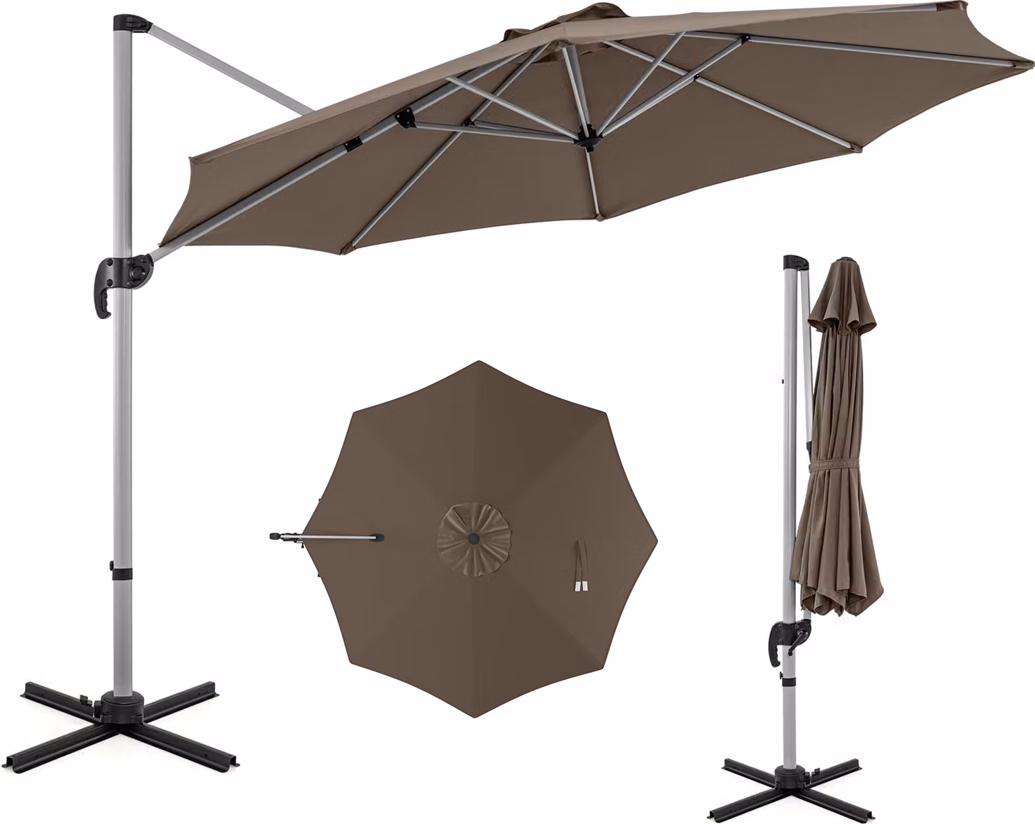 Ombrellone COSTWAY Ø 330 cm, ombrellone a sbalzo con manovella, ruotabile a 360°, angolo di inclinazione regolabile, UPF 50+, ombrellone da giardino, ombrellone da mercato marrone