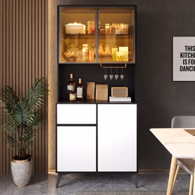 Colonna moderna WISHDOR con vetrina in MDF e vetro, illuminazione integrata, disponibile in bianco o nero, H: 180 cm, L: 40 cm, P: 38,75 cm – 1