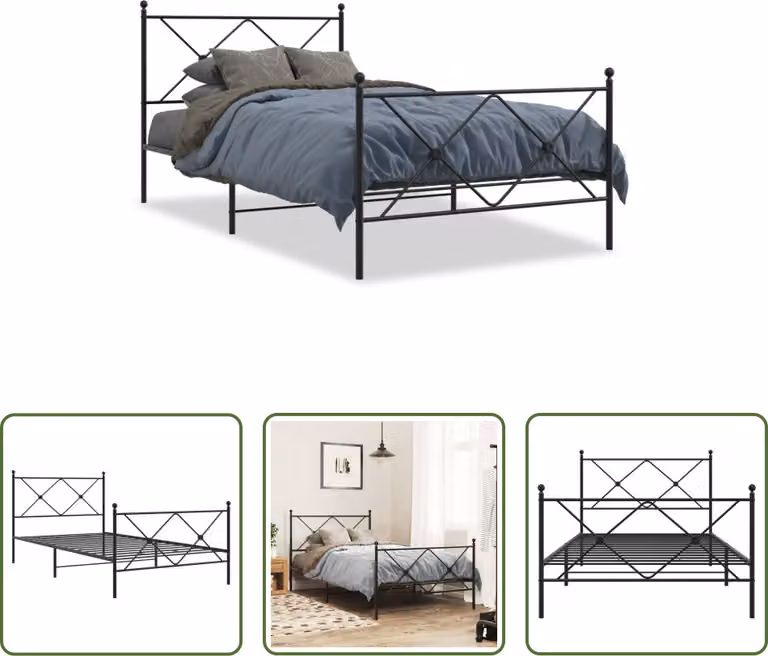 The Living Store Struttura letto con testiera e pediera in metallo nero 107x203 cm
