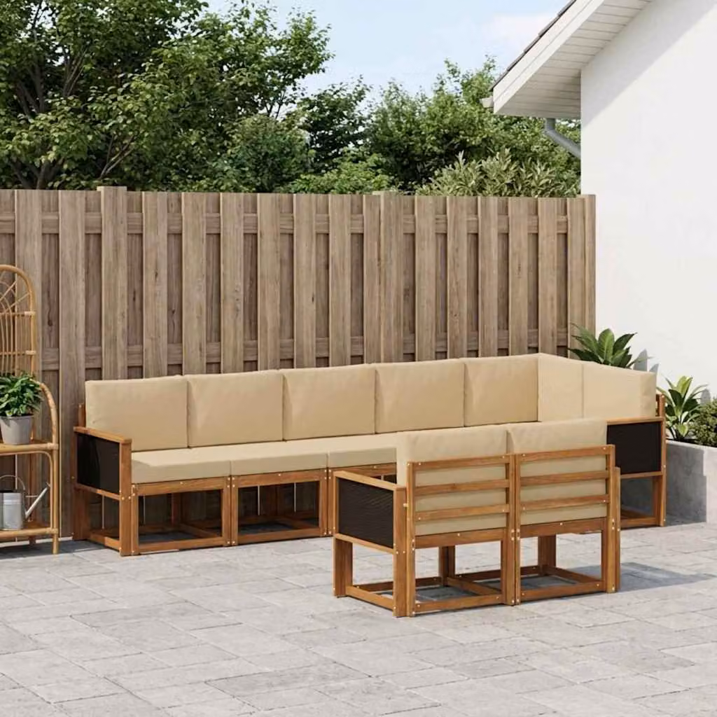 vidaXL Set di divani da esterno a forma di U composto da 8 pezzi in legno di acacia con cuscini beige e sabbia