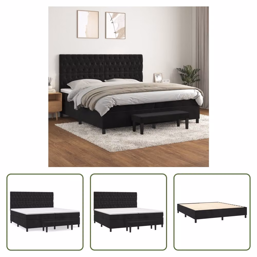 The Living Store Letto a molle con materasso nero 200x200 cm in velluto